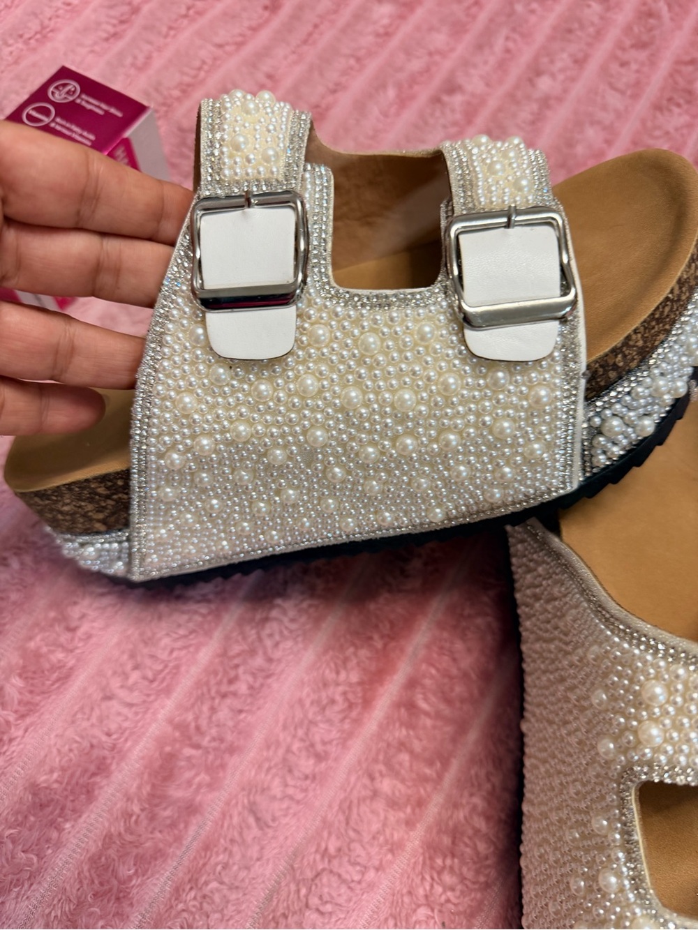 Pearl-Embellished White Buckle Clog Mule
